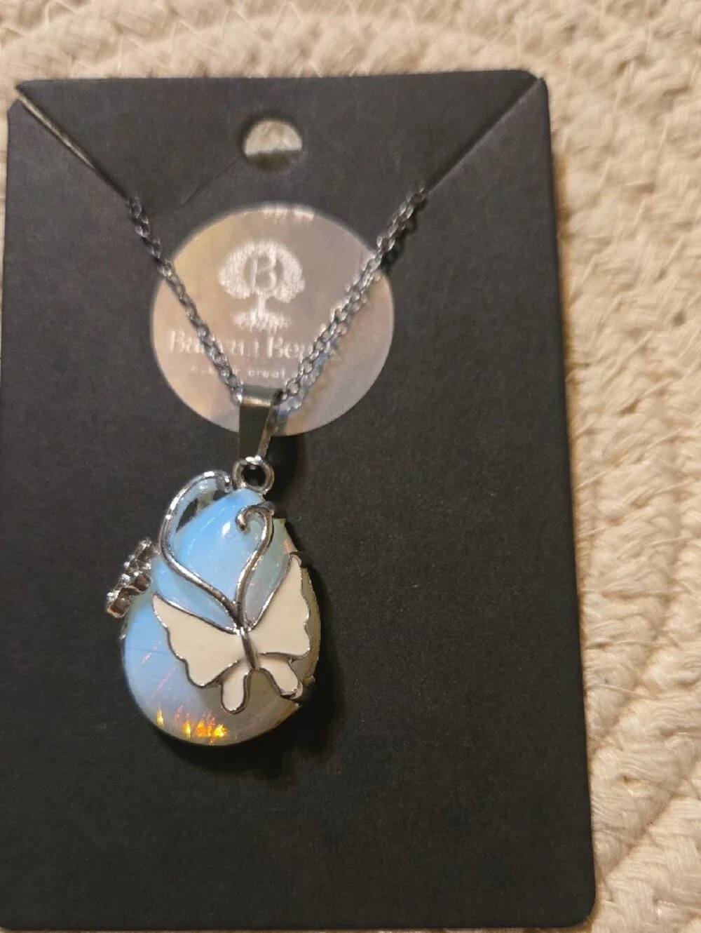 Opalescent Teardrop Butterfly Necklace in Silver Tone